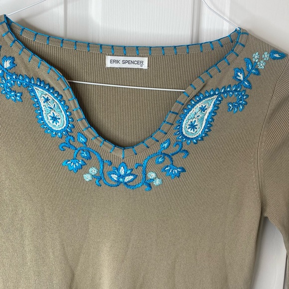 Erik Spencer Khaki Turquoise White Embroidery Sweater Top S - Picture 4 of 9